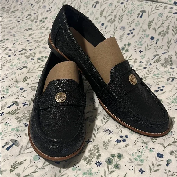 Black Leather Loafers with Gold Accent - Picture 1 of 3